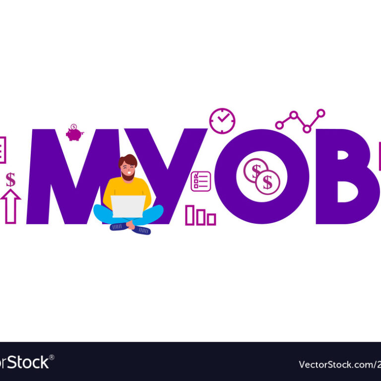 MYOB mind your own business. Accounting software. llustration of text and people around